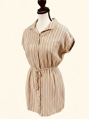 Japna Beige and White Striped Button-Front Dress